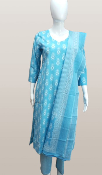 Elegant Sky Blue Cotton Kurti Set with Dupatta