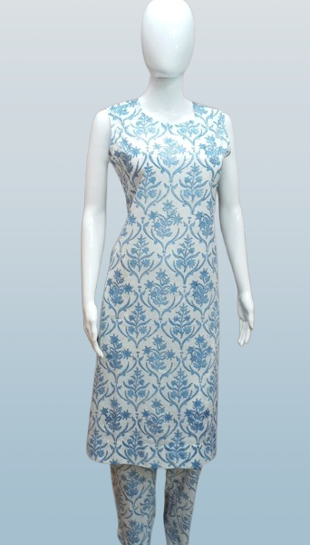 Elegant Sleeveless Cotton Kurta Set – Sky Blue Floral