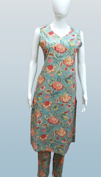 Sleeveless Floral Cotton Kurta Set – Aqua Garden