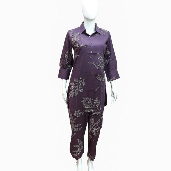 Plum Leaf Printed Cotton Kurta Set – Twilight Grace
