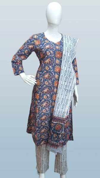 Indigo Bloom Handblock Cotton Suit Set