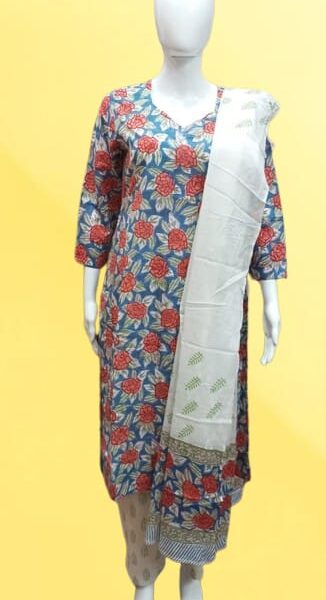 🌺 Floral Blue Cotton Kurta Set with Dupatta