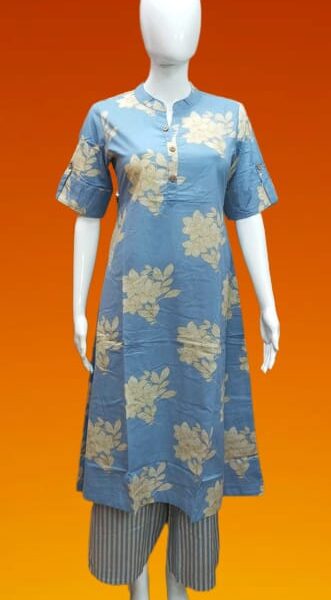 Blue Floral Printed Kurti with Striped Palazzo