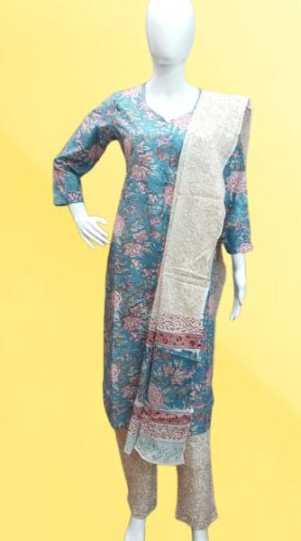 Teal & Beige Floral Kurta Set with Dupatta