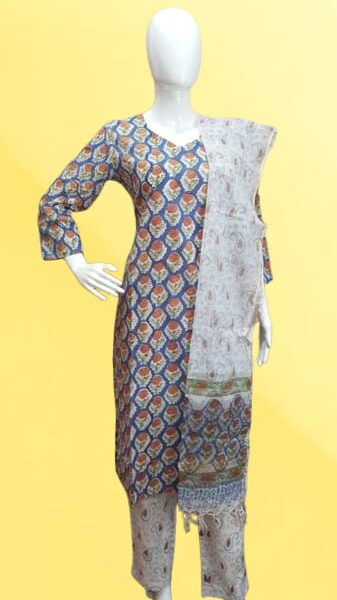 Navy Blue & White Cotton Kurta Set with Dupatta