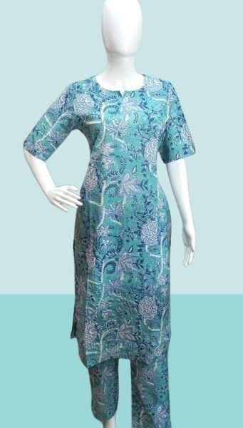 Aqua Blue Printed Cotton Kurta Set