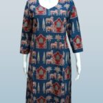 Twilight Tales – Blue Kurti with Red Window & Brown Tree Motifs