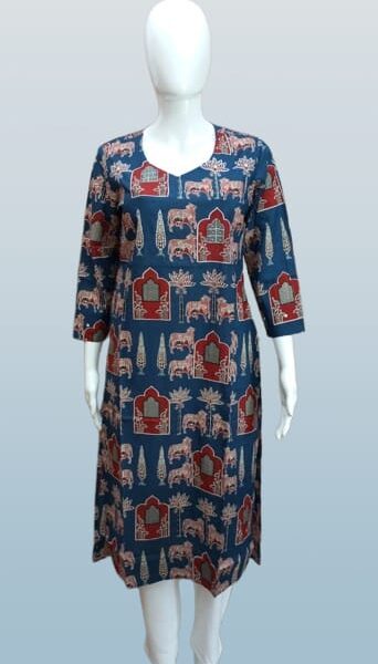 Twilight Tales – Blue Kurti with Red Window & Brown Tree Motifs