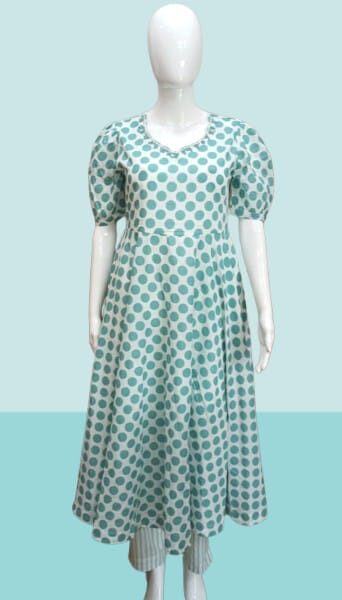 Mint Drops – White Kurti Set with Green Polka Dots