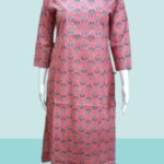 Blush Garden – Pink Kurti with Brown-Yellow Flowers & Blue Leaves
