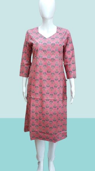 Blush Garden – Pink Kurti with Brown-Yellow Flowers & Blue Leaves