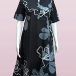 Midnight Bloom – Black Kurti Set with White & Grey Floral Design