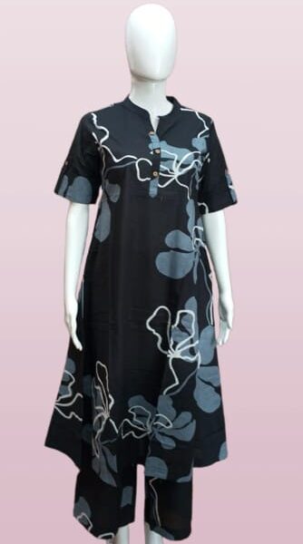 Midnight Bloom – Black Kurti Set with White & Grey Floral Design