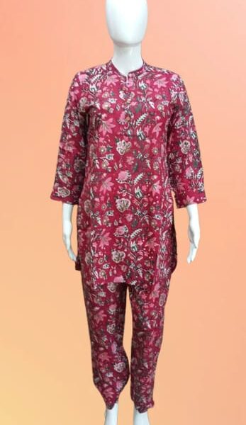 Scarlet Garden – Red Short Co-ord Set with Leaves & Floral Motifs