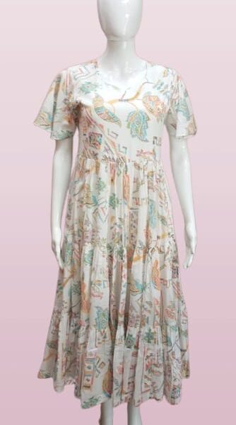 Verdant Sunset – Green & Yellowish-Orange Stem and Leaf Maxi Dress