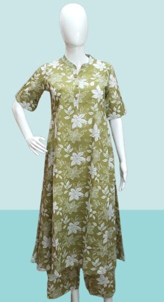 Whispering Petals – Light Green Kurti Set with White Flowers