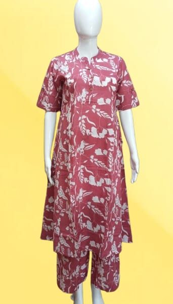 Crimson Leaf – Red Kurti with White Leaf Design