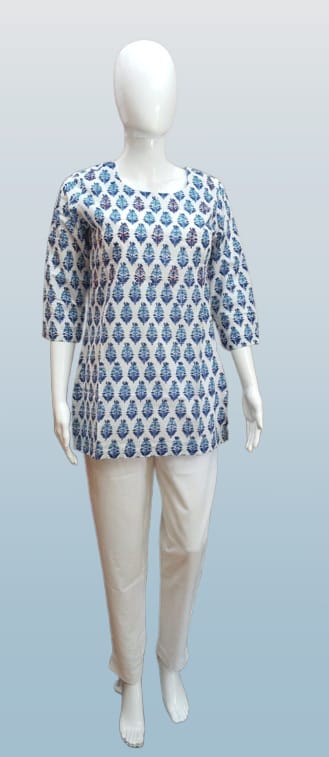 WhatsApp Image 2025-10-11 at 3.48.19 PM (1) Indigo Leaf Handblock Printed Cotton Kurti - Image 1