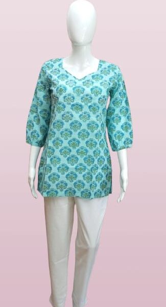 Aqua Bloom Handblock Printed Cotton Kurti