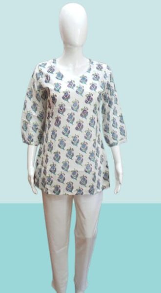 Sky Bloom Handblock Printed Cotton Short Kurti