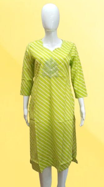 Lime Green Striped Kurti with Embroidery