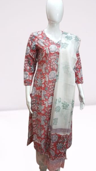 Red & Grey Floral Cotton Suit Set