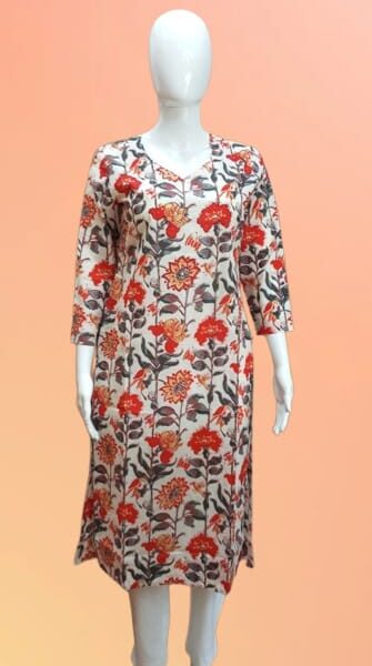 White & Red Floral Straight Kurti