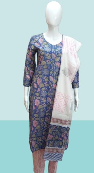 Navy Blue Floral Cotton Suit Set