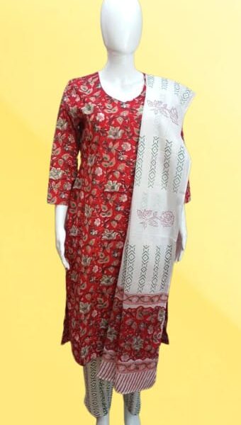 Red Floral Cotton Suit Set