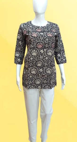 Black Floral Block Print Short Kurti