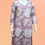 V-Neck Printed Cotton Kurti Set in Mauve