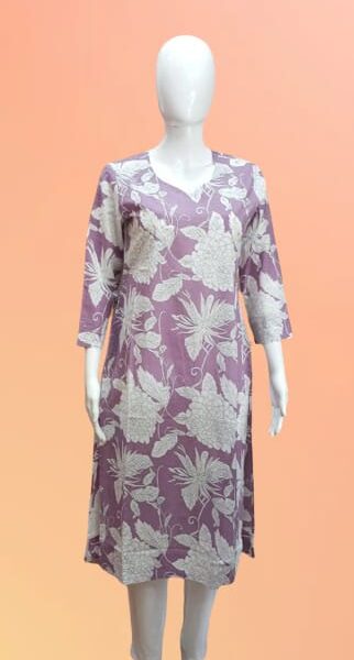 V-Neck Printed Cotton Kurti Set in Mauve
