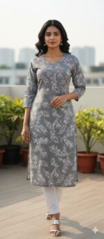 Grey Floral Printed Kurta - Image 26