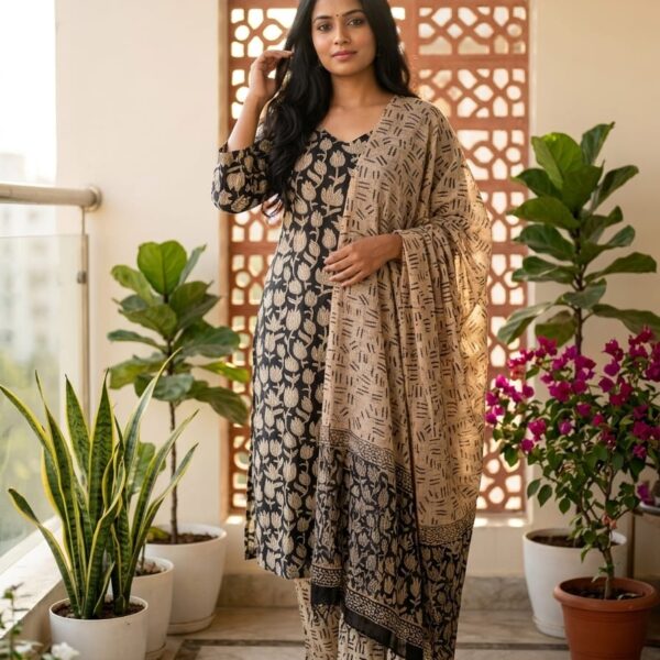 Black & Beige Ethnic Printed Kurta Set with Dupatta