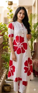 White Kurta with Red Floral Print