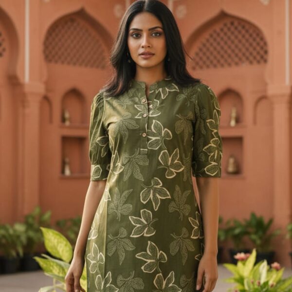 Olive Green Floral Printed Kurta