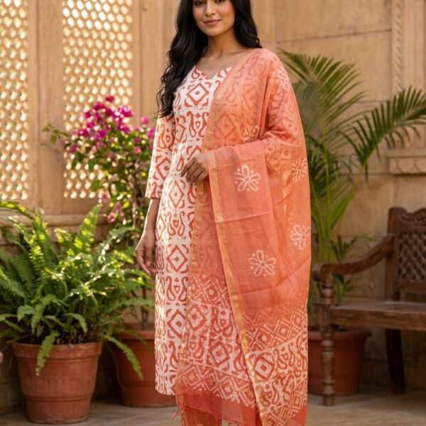 Peach Printed Kurta Set with Dupatta