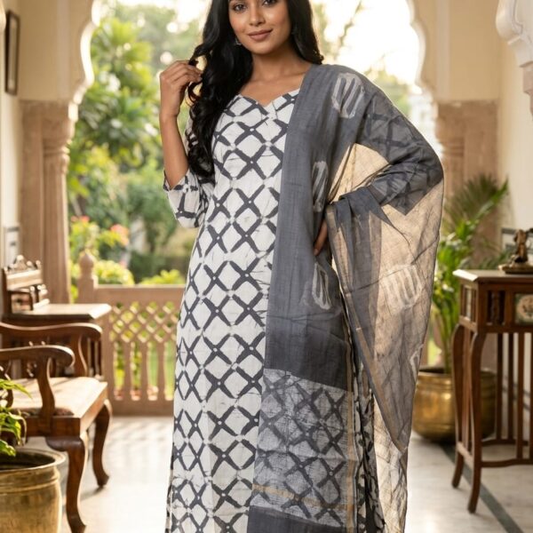 Grey Geometric Printed Kurta Set with Dupatta