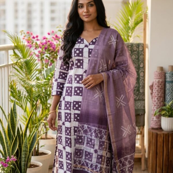 Purple Printed Kurta Set with Dupatta