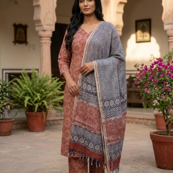 Rust & Grey Printed Kurta Set with Dupatta