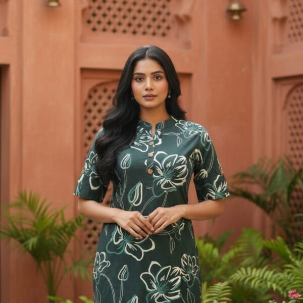 Dark Green Floral Printed Kurta