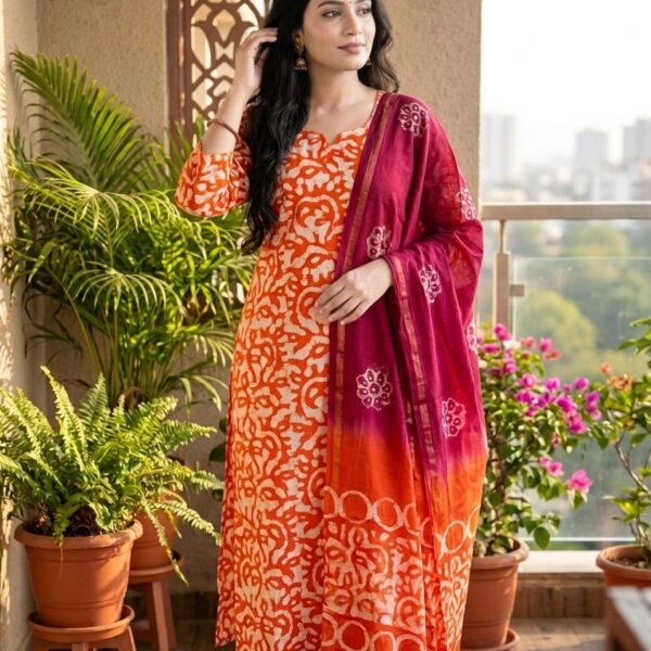 Orange Ethnic Printed Kurta Set with Dupatta