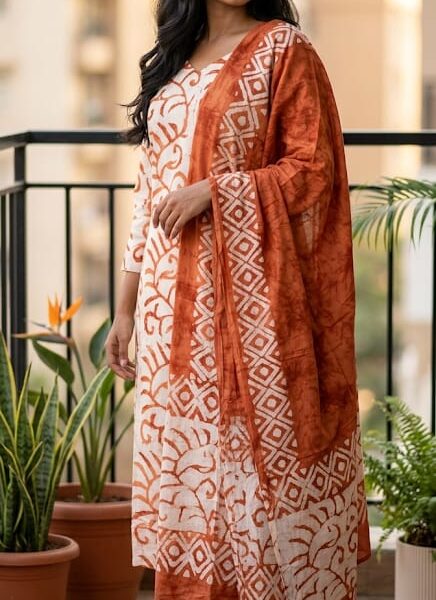 Orange Printed Kurta Set with Dupatta