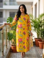 Rust Floral Printed Cotton Kurta - Image 7