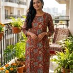 Rust Floral Printed Cotton Kurta