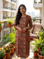 Rust Floral Printed Cotton Kurta