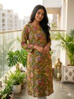 Rust Floral Printed Cotton Kurta - Image 6
