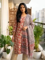Rust Floral Printed Cotton Kurta - Image 4