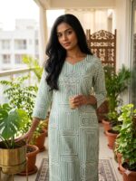 Rust Floral Printed Cotton Kurta - Image 3