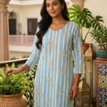 Sky Blue Striped Floral Kurta